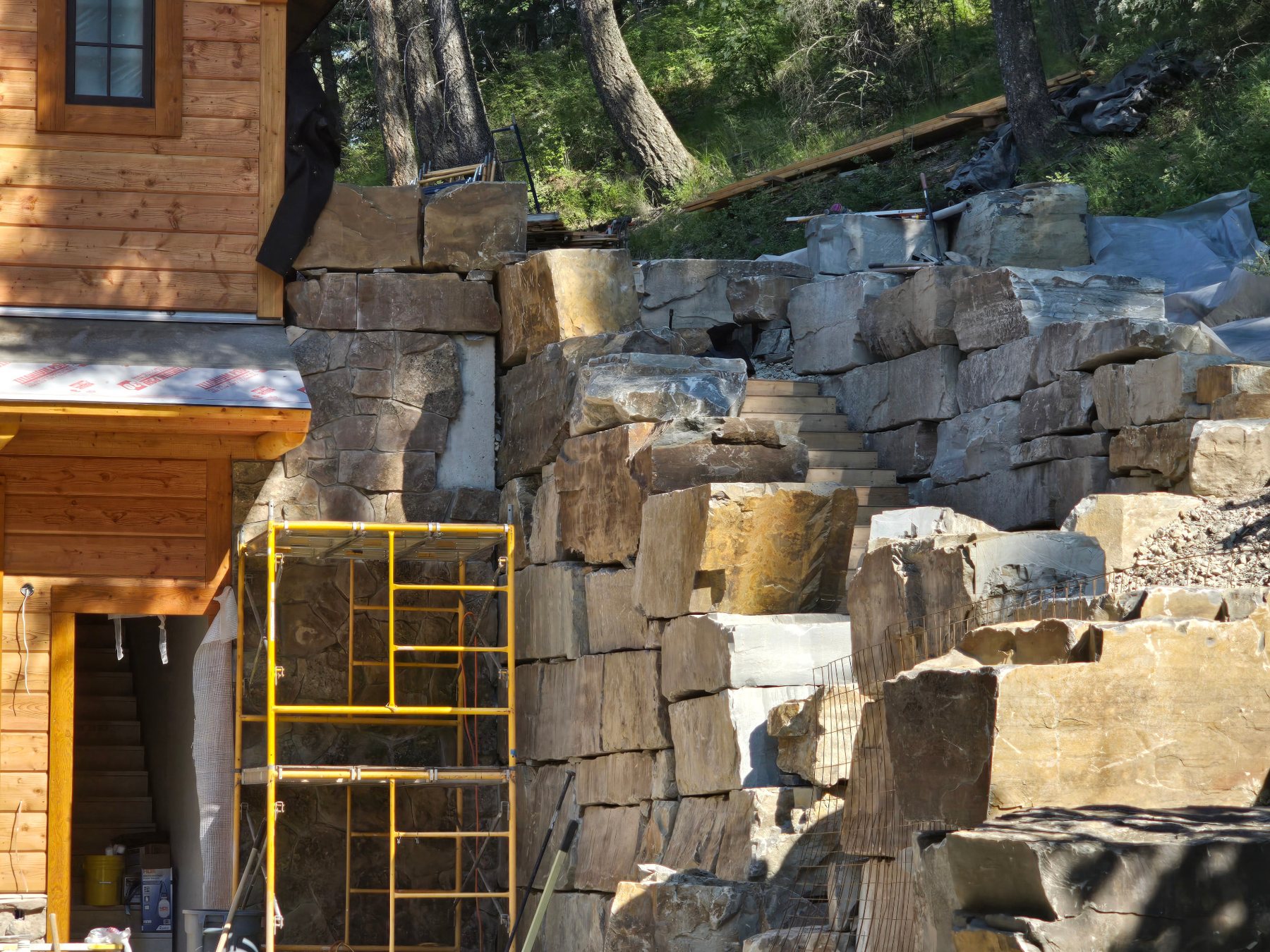Retaining wall construction in progress